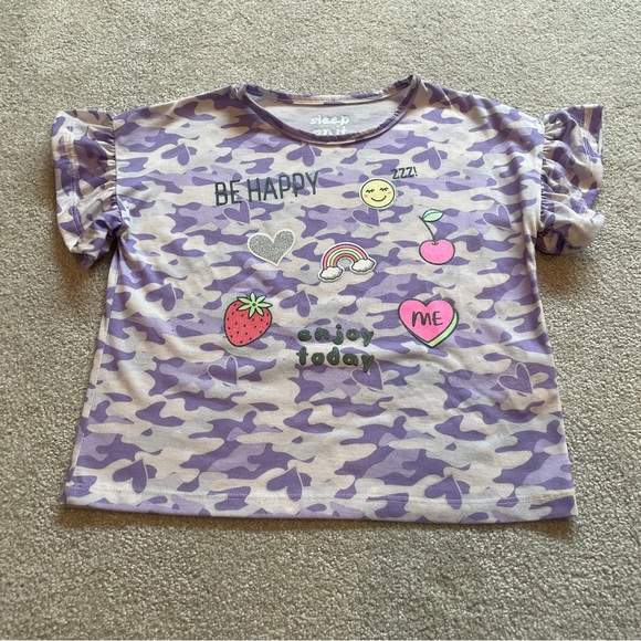 Sleep On It Be Happy Purple Camo Top And Bow Shorts Pajama Set. Size XS (4/5) - Picture 3 of 8